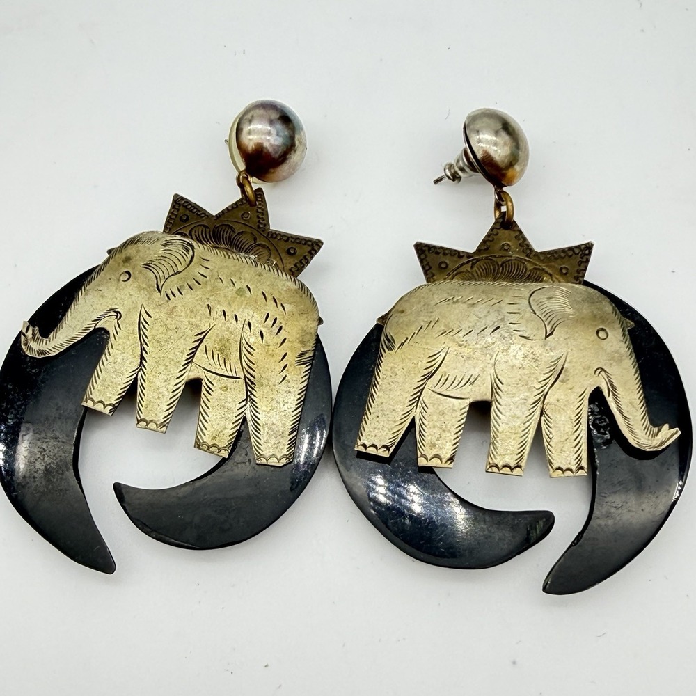 Vintage Boho Elephant Dangle Pierced Earrings Huge Hippie‎ Mixed Metal Mod